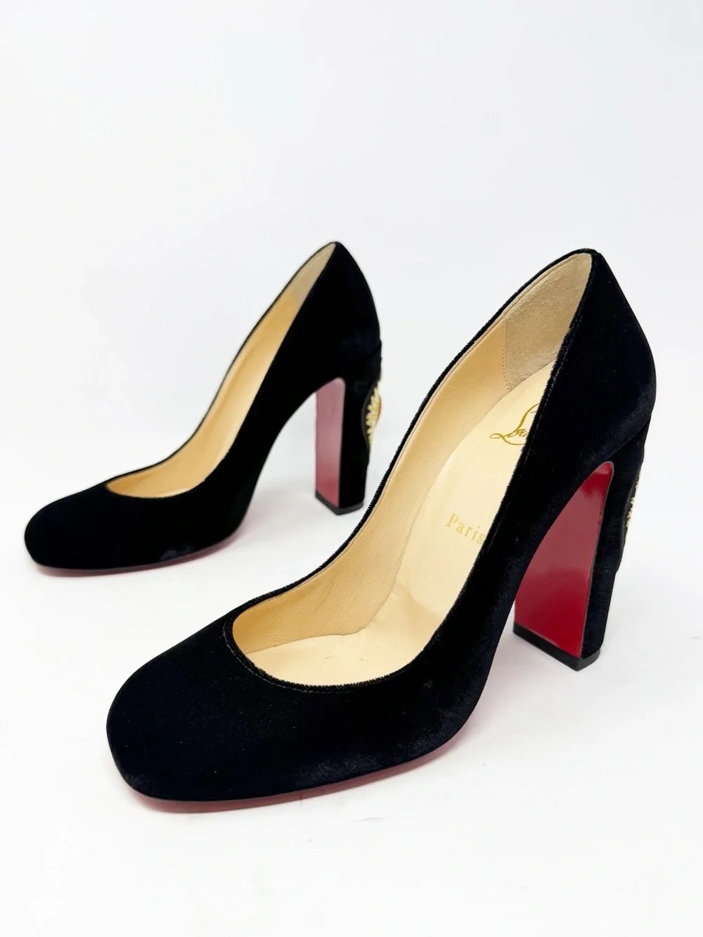 Christian Louboutin Cadrilla Corazon Velvet Block Heel Pumps Womens Size EU 39